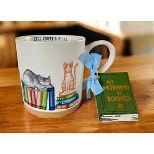 NEW Cats Coffee & Books Grey Tabby Orange Cats Kittens 18oz Tea Mug Gift